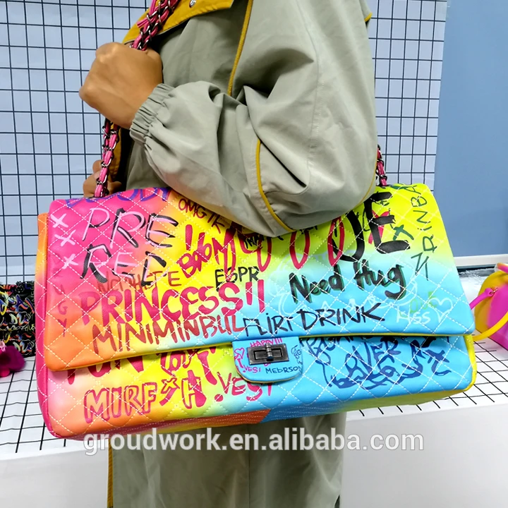 

GW jelly purses Trendy large color graffiti shop bag check chain shoulder crossbody bags, Colorful