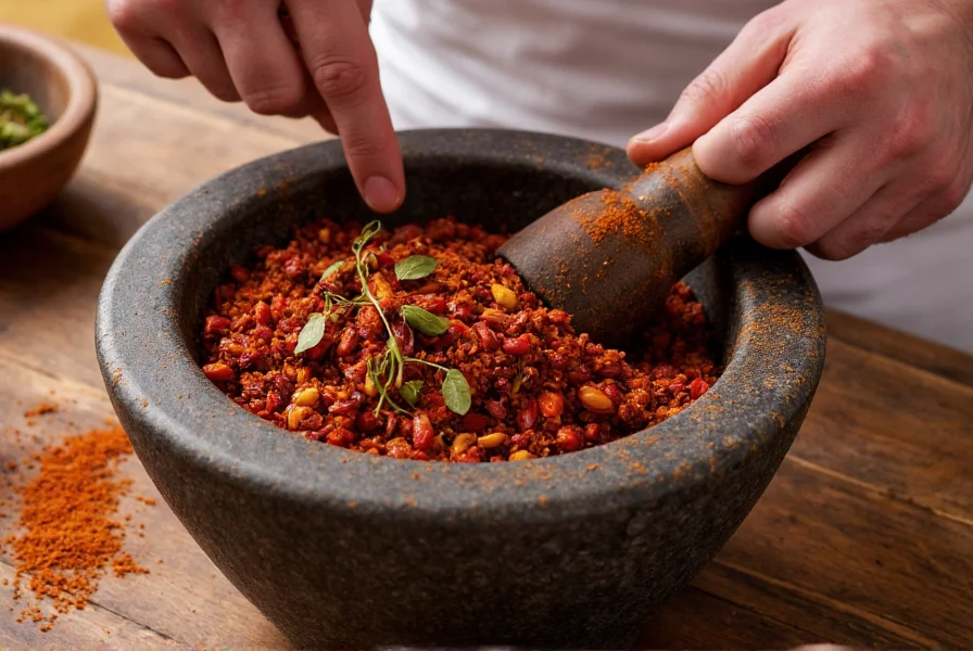 Chef's hands preparing guajillo chili substitute blend with various dried peppers and spices in mortar and pestle