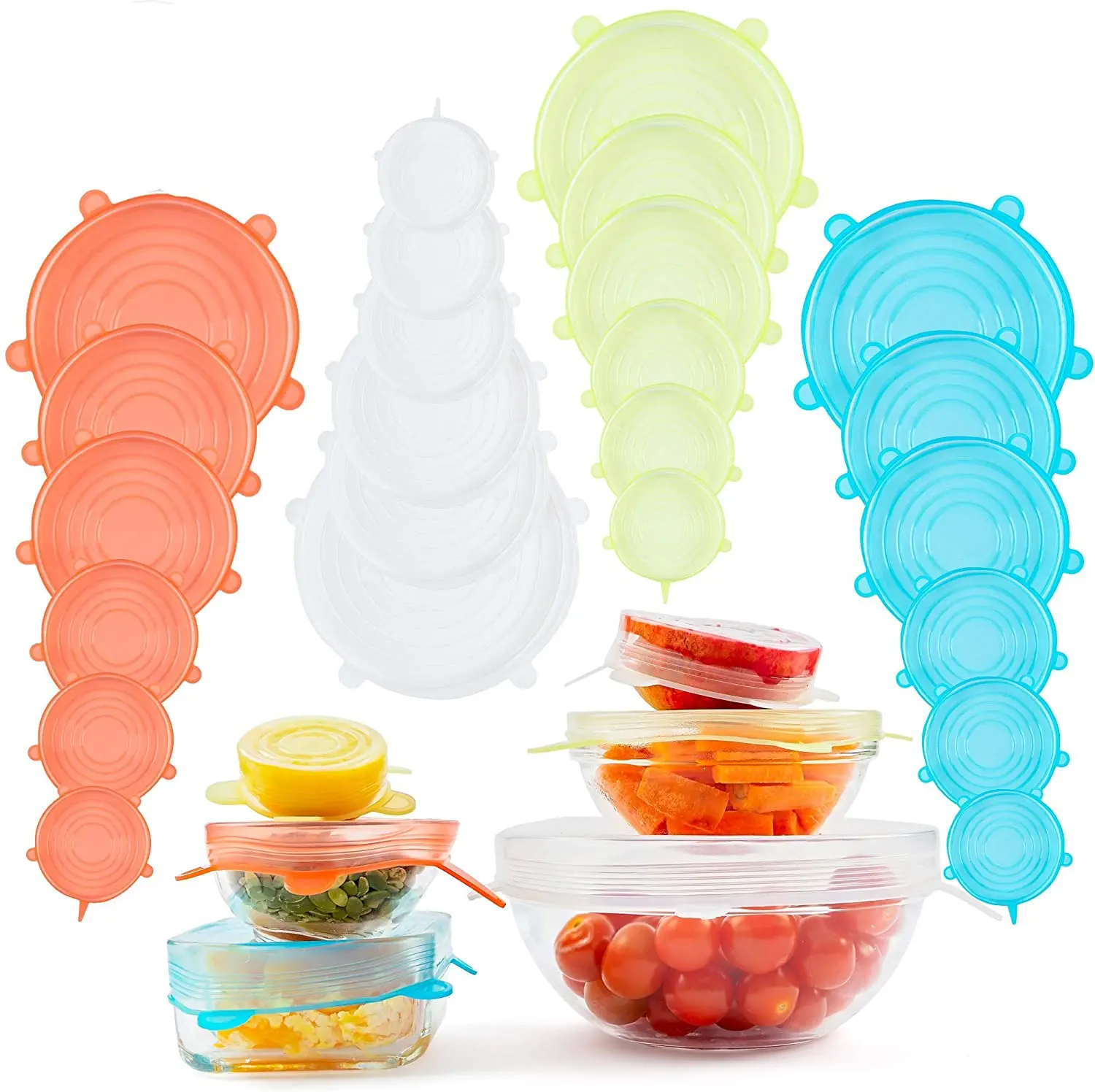 

Microwave Oven Dishwasher Safe BPA Free silicone stretch seal lids, White, blue, yellow, pink