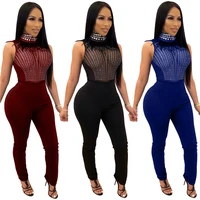 

women sexy mesh rhinestone sleeveless bodycon jumpsuit with feather