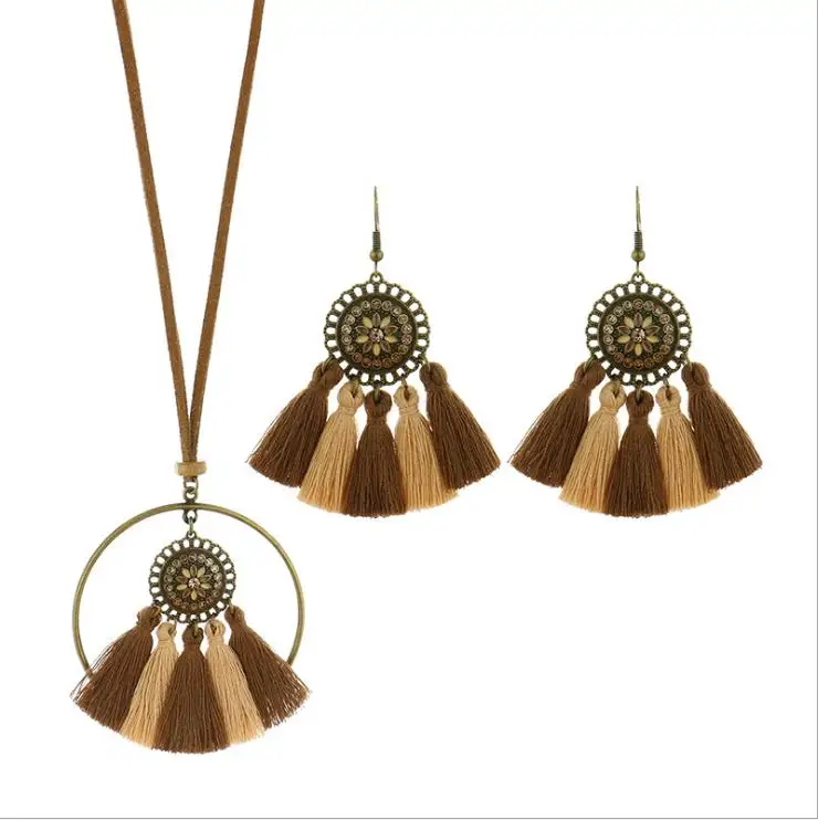 

Bohemia Necklace Long Tassel Bronze Dangling Vintage Big Round Earrings Set for Women Geometry Statement Jewelry