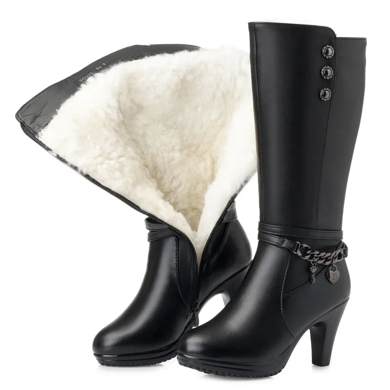 

Female Winter Shoes Woman Boots High-heeled Genuine Leather Motorcycle Boots Ms Thick Wool Riding Boot