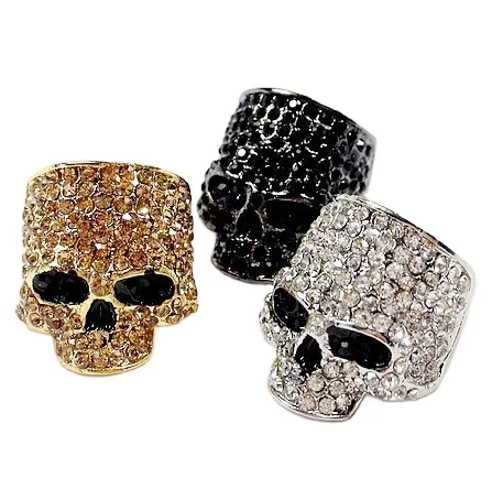 

European and American punk diamond skull ring ghost head full diamond metal ring hip hop punk nightclub exaggerated ring, As picture show