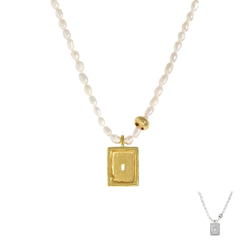 

XT353 925 Sterling Silver 18k Gold Natural Freshwater Pearl Chain Square Pendant Choker Rice Pearl Chain Long Necklace For Women, 18k gold silver