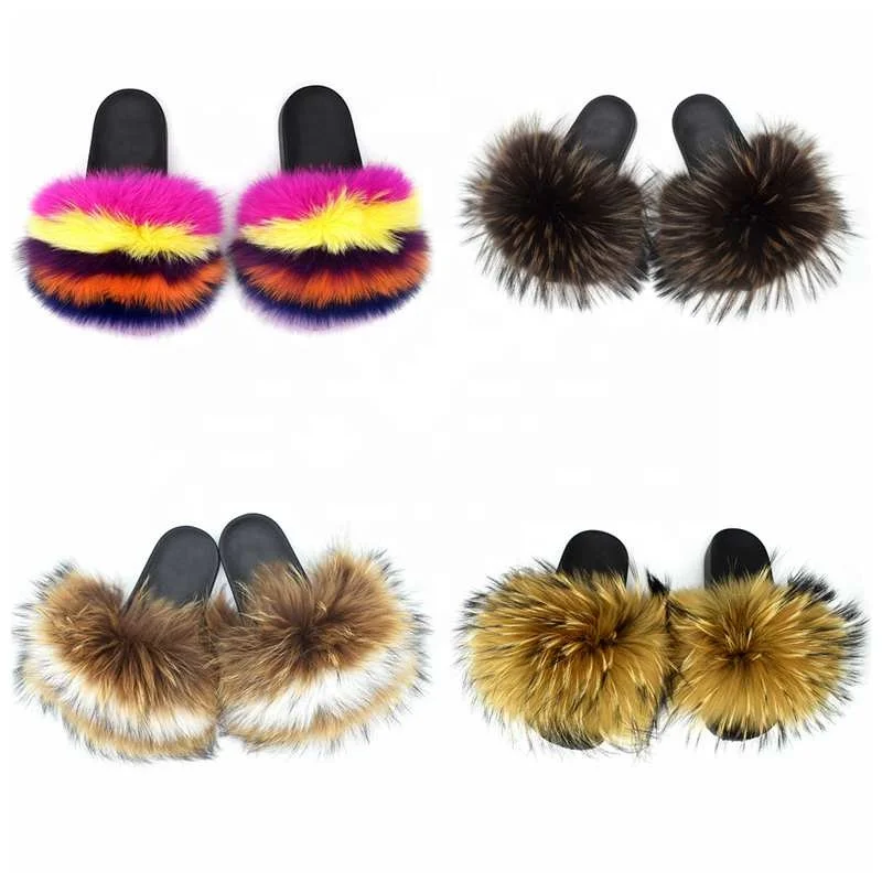 
Popular Fashion Open Toe Comfortable Real Raccoon Big Fur Slides Slippers for Women and Kids 