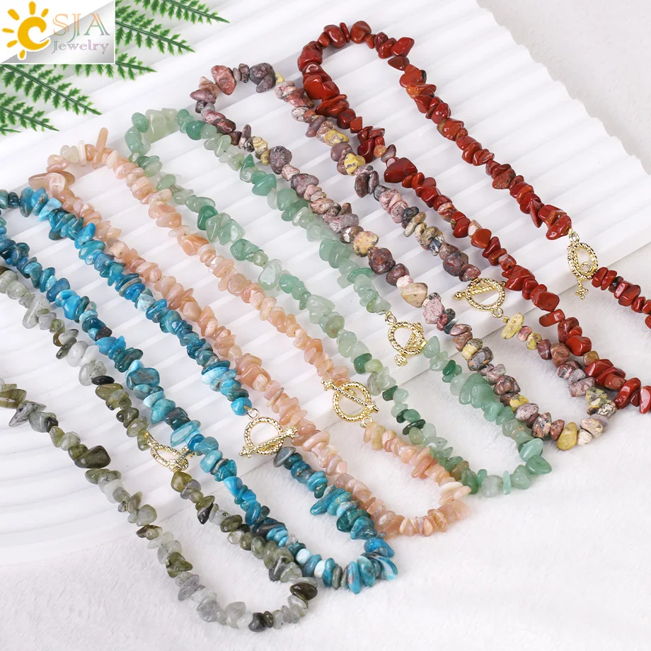 

CSJA Bohemian Natural Gemstone Chip Beads Choker Necklace Aquamarine Amethyst Healing Crystal Summer Necklaces Teen Girls H153