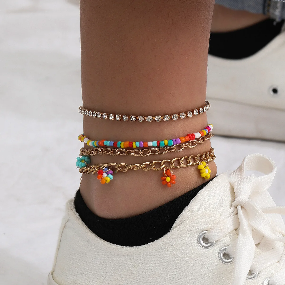 

Simplicity Bohemia Jewelry 4Pcs/Set Rice Bead Flower Cuban Link Chain Anklets Bling Rhinestone Crystal Tennis Chain Anklet Set