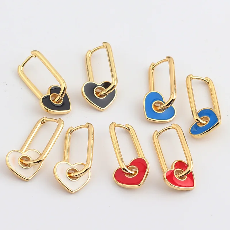 

Sweet Cute Square Glossy Love Heart Enameled Earrings Real Gold Plated Colorful Enamel Heart Shaped Earrings For Female