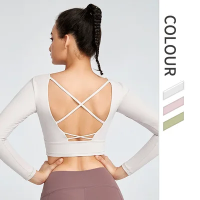 

2021 New Double-Sided Nude Long-Sleeved Yoga Clothes Female Beauty Back Sports Top Sportswear Female Factory Wholesale, 4 color