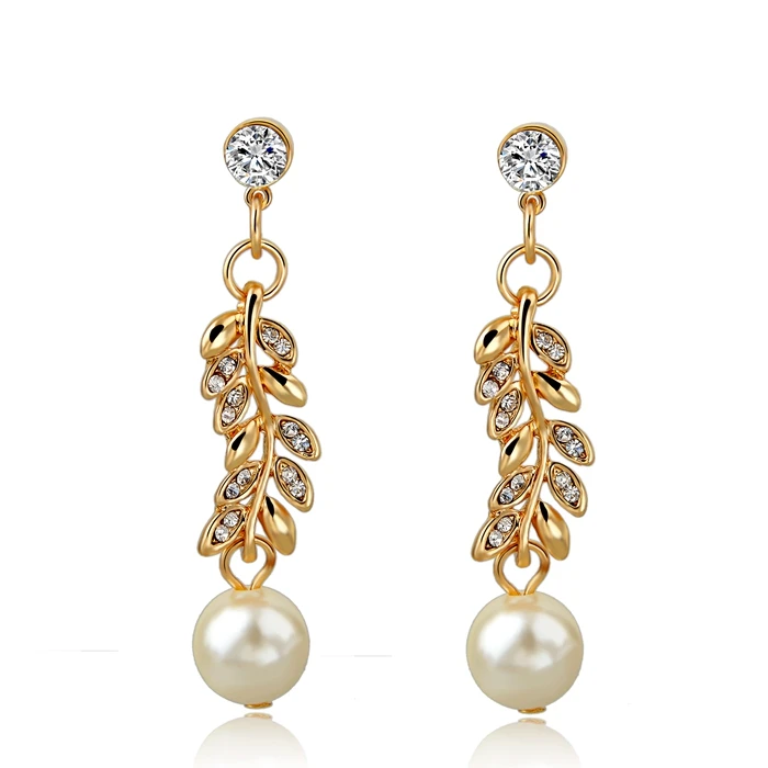 

Factory direct Rhinestone leaf big pearl Drop Earring Studs Tree Branch Leaves Crystal Diamond pendant Dangle Earrings for women