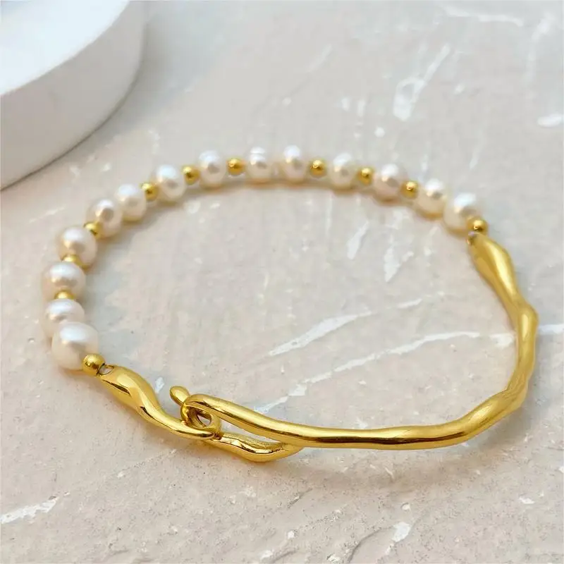 Freshwater pearl splicing geometric titanium steel jewelry Friend Chain Colorless Stainless Steel PVD Gold Plated Bracelet