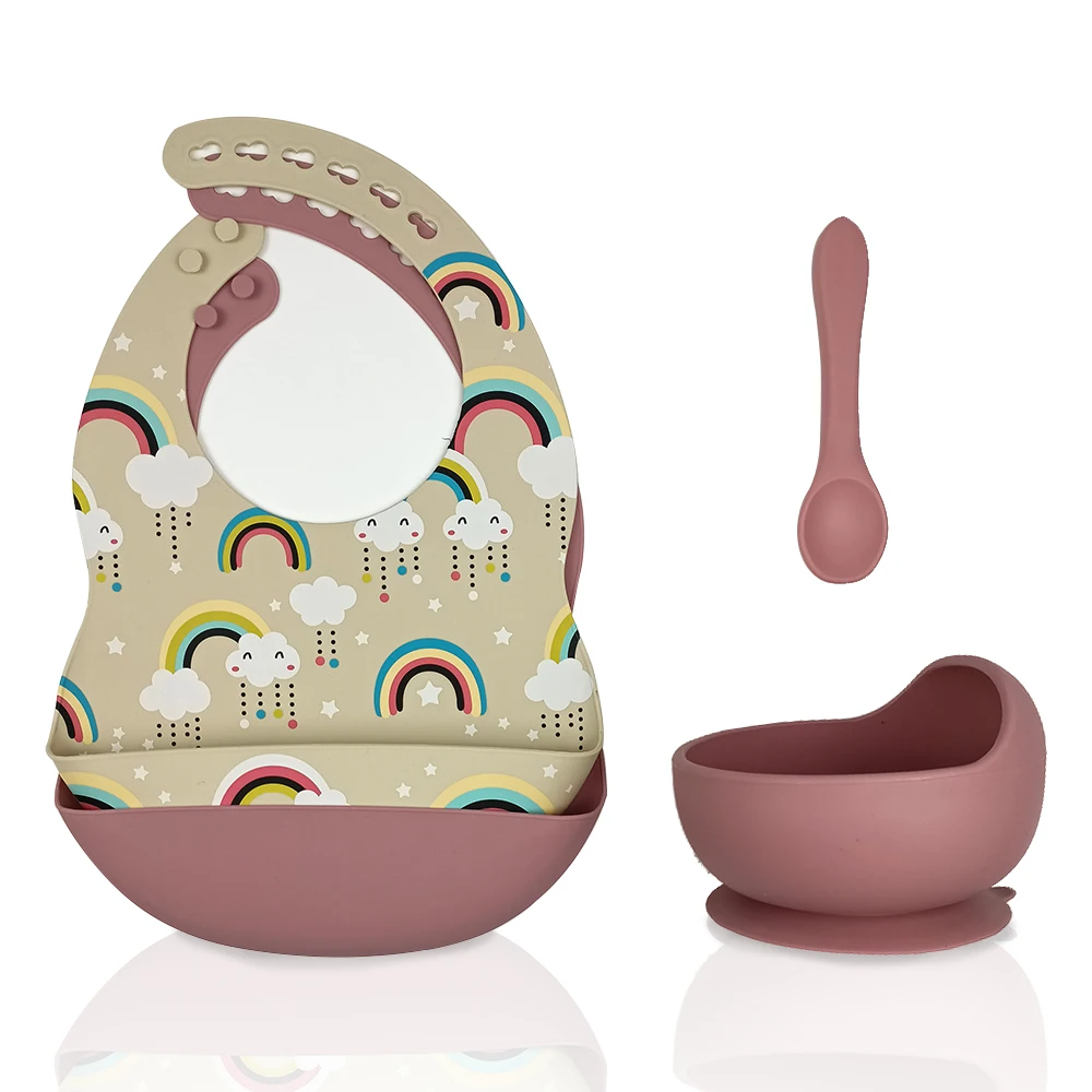

Baby Feeding Set Silicone Dinnerware Silicone Bib Drool Printing Rainbow Food Catcher Dummy Plates Spoon Fork Bib Babero