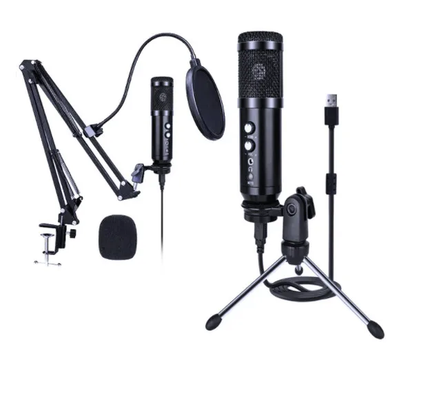 

USB capacitive microphone computer voice game K song recording and live broadcasting equipment microphone with reverb monitor, Black
