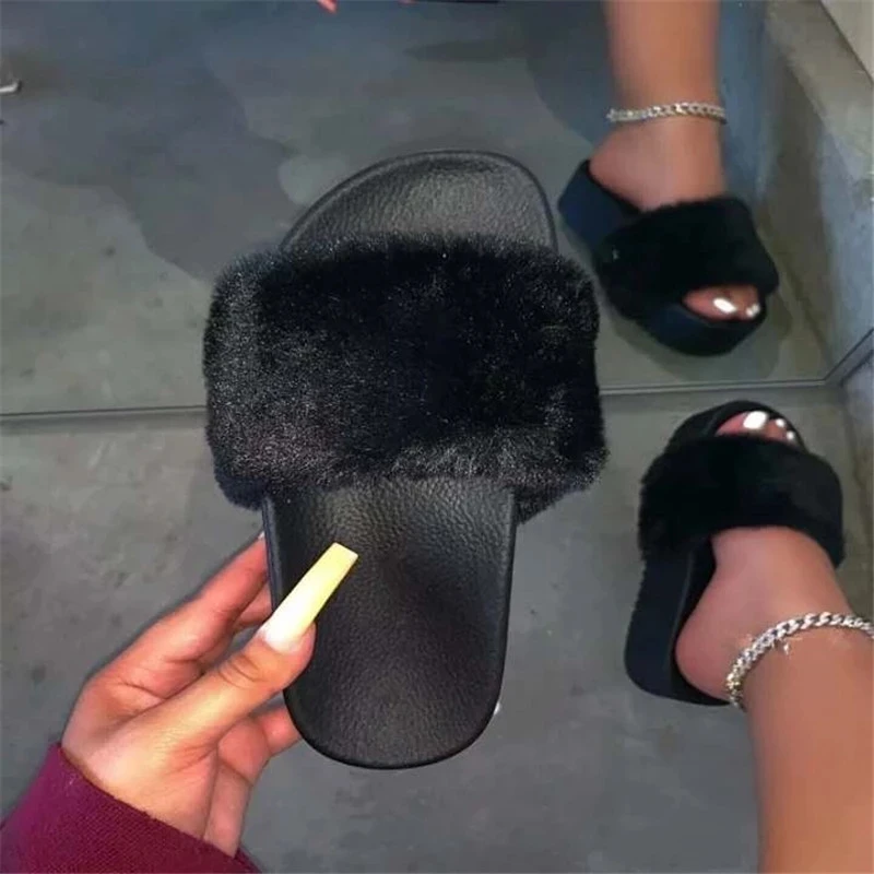 

2020 Woman autumn winter plush slippers open toes house indoor outdoor fluffy furry slippers for women, Black/grey/pink/khika