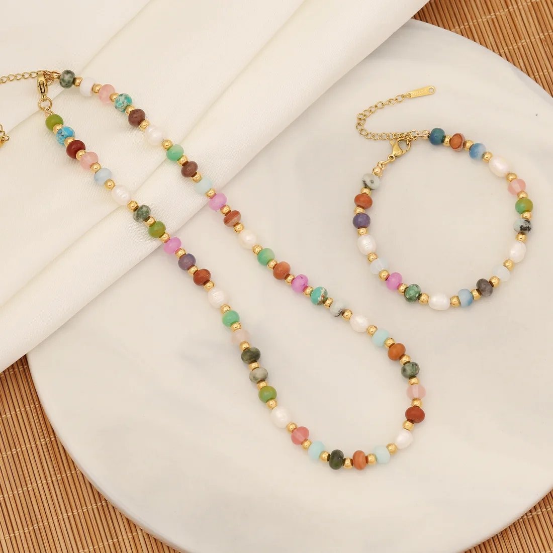 

New Cute Elegant Chromatic Natural Stone Bead Choker Necklace Bracelet Earring Set Stainless steel beads For Women N1077