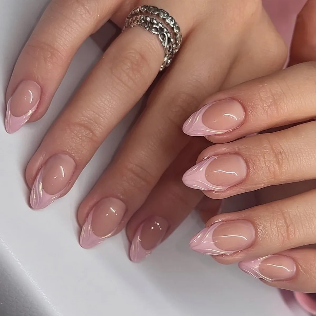 24 Pcs/set Short Almond Shaped French Pink 3D Acrylic Nail Tips Press on Nails Wholesale 3390