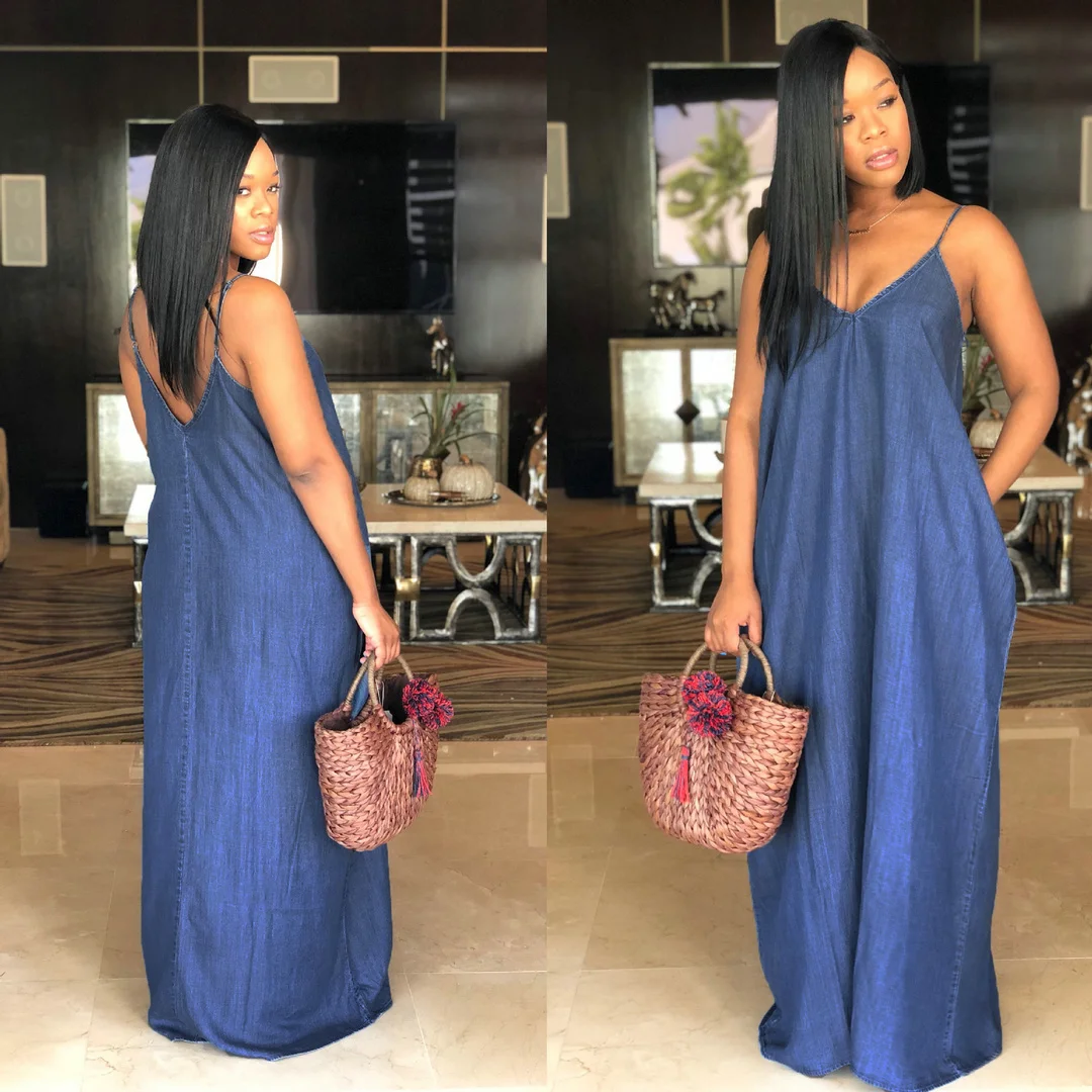 

SZ-SMR012 Amazon Hot Style Blue Long Sexy Slip Denim Dress Women Loose Maxi Jeans Dress XXXL