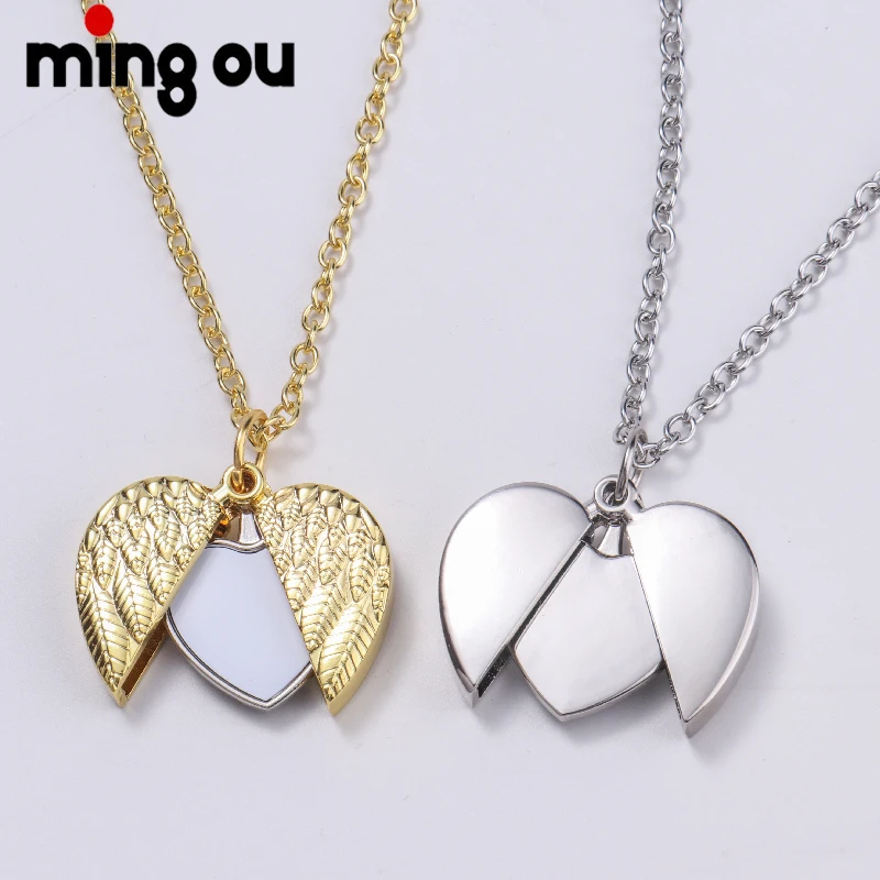 

2022 Fashion Valentines Day Gifts Sublimation Blank Necklace Heart Lockets Angel Wings Necklace, Silver/gold