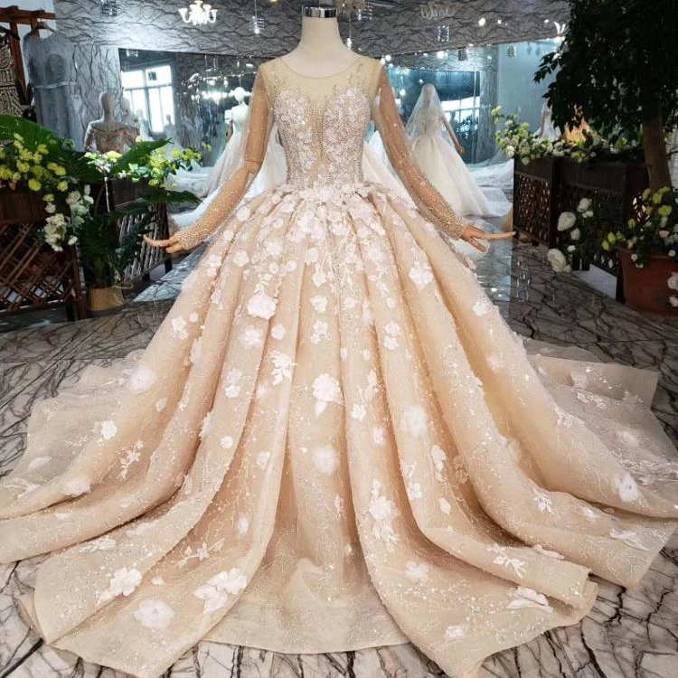 

Elegant Sleeveless O Neck Long Train Wedding Dress Laced Ball Gown Luxury Arabic Muslim Wedding Dress, As picture or your request