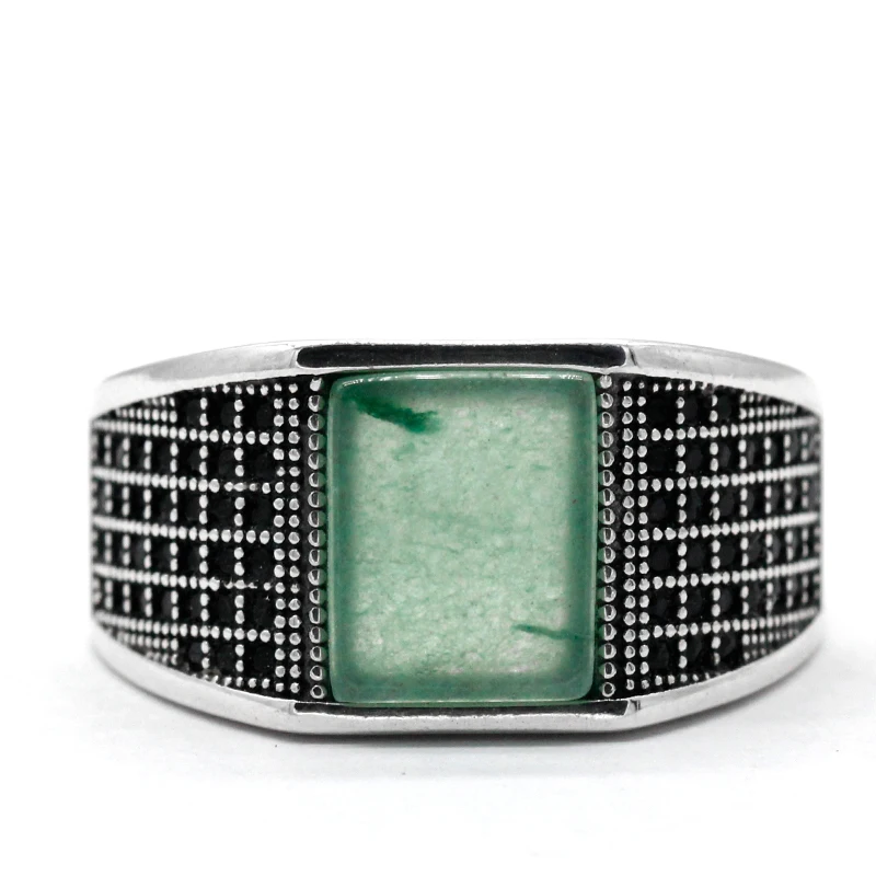

S925 Sterling Silver Inlaid Rectangular 8*10 Natural Green Onyx Gemstone Men's Ring Turkish Antique Silver Jewelry