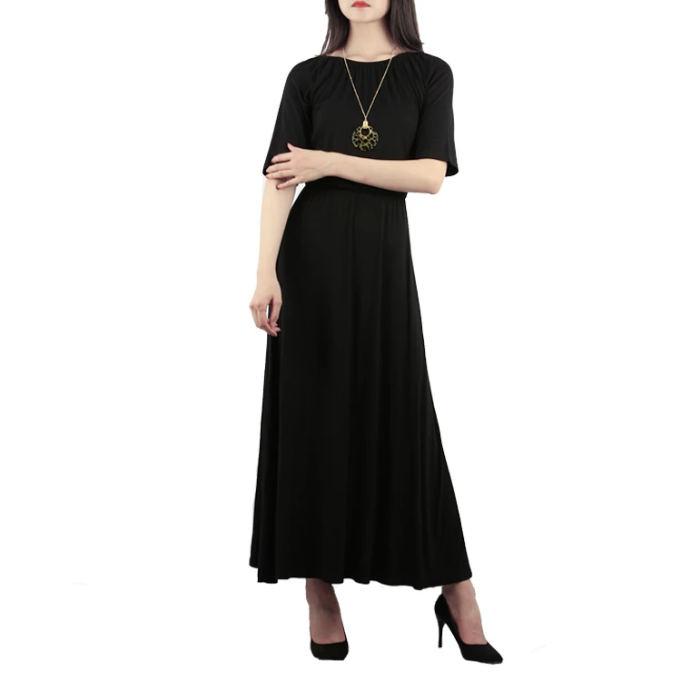 
New design maxi dresses women ruffles decoration o-neck collar short sleeve empire ankle-length solid color 