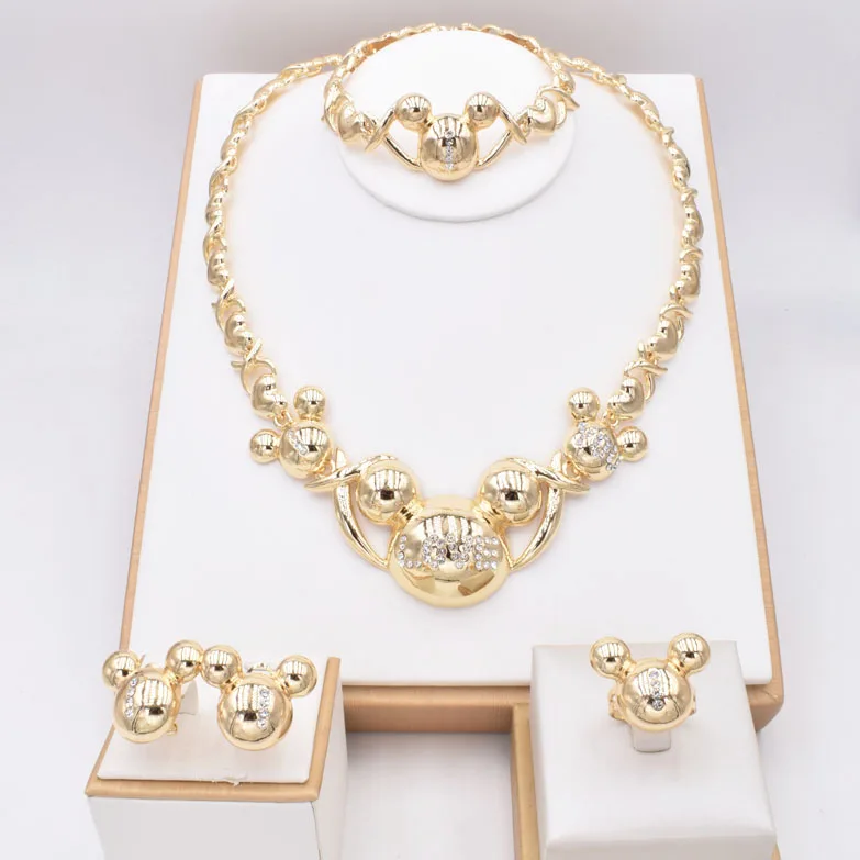 

High Quality party Jewelry Sets Dubai Gold Plated Cute Minnie Mickey XoXo Necklace Bracelet Earrings set NT0174