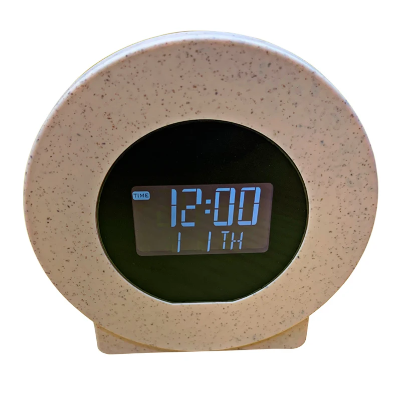 Household round shape lcd display sunrise alarm clock with wake up light and mirco usb charger