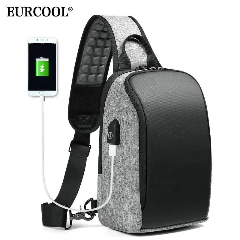 

Eurcool Shoulder Bags USB AntiTheft Chest Leather Small Messenger Sling Bag Crossbody For Men