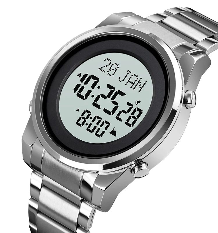 

Hot Selling Luxury SKMEI 1734 Silver Qibla Stainless Steel Watch with Men's Digital Watch, As show