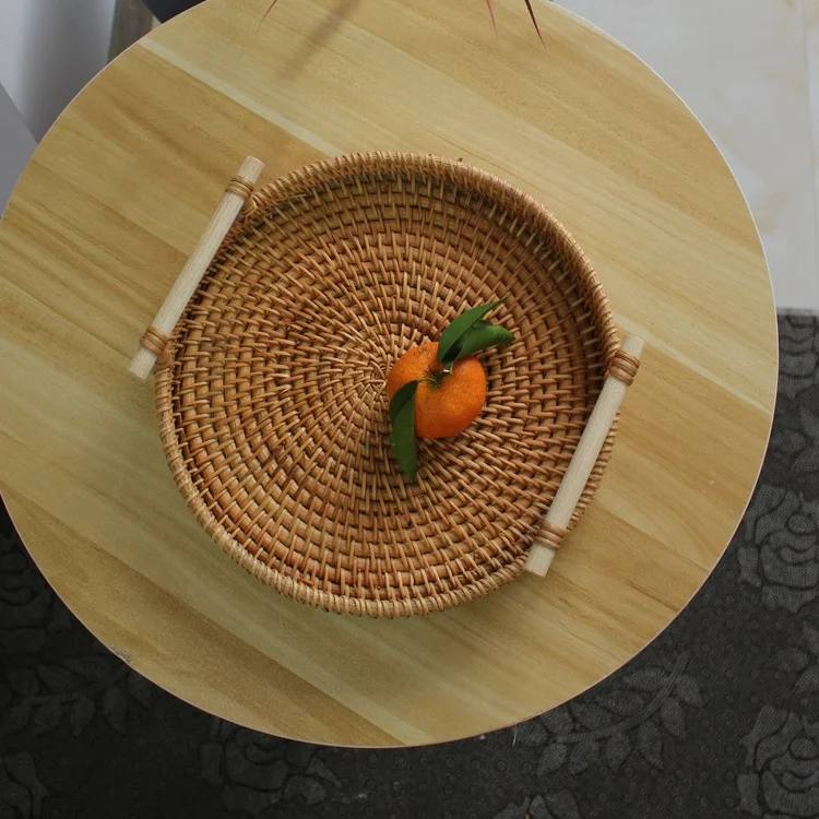 

Raw Rattan Color Decorative Rolling Trays Serving Tray Round Wooden Dishes & Plates Three-piece Round Tray with Beech Handles