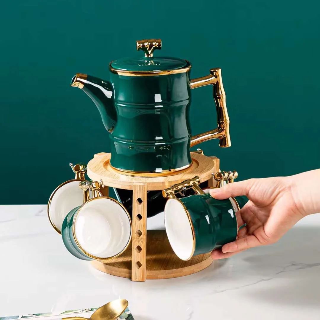 

Nordic Style Luxury Golden Edge 8pcs Porcelain Tea & Coffee Set With Wood Rack