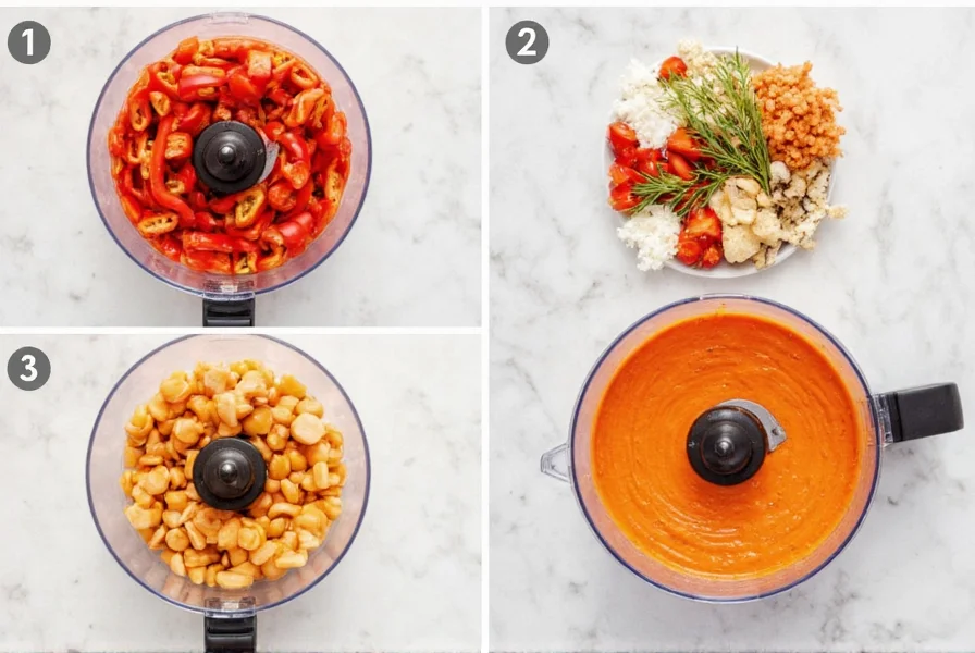 Step-by-step preparation of roasted red pepper aioli in a food processor with fresh ingredients