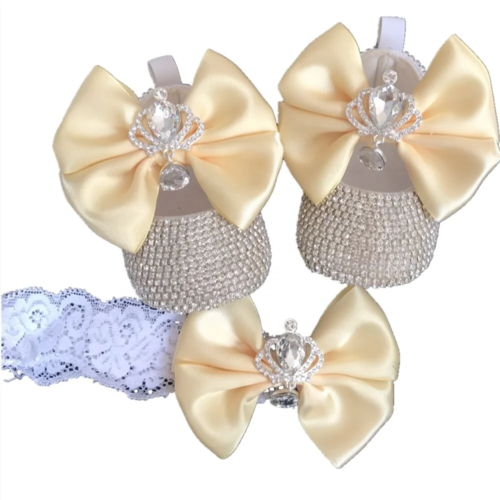 

Dollbling Sparkly Queen Crown Butterfly Diamond Bling Ivory Christening Baby Dress Shoes Headband Set, 4 colors/custom