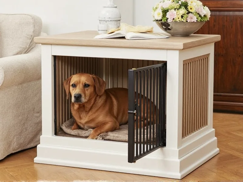 Custom dog crate integrated into living room furniture with storage