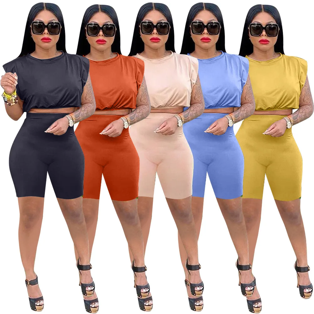 

Casual Solid color two piece short set Shoulder pads Sleeveless summer two piece outfits for women