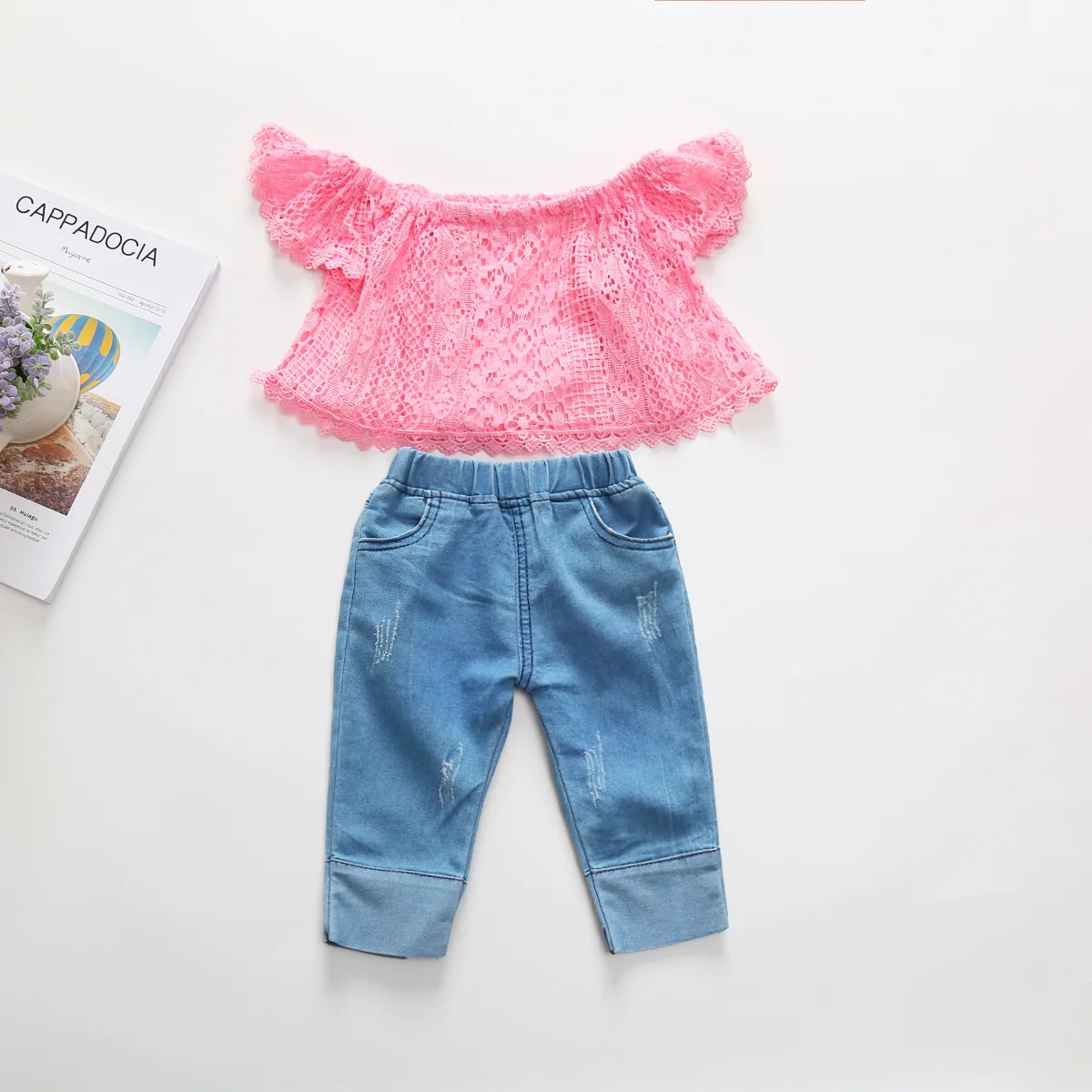 

Hot Sale Solid Color Lace Off Shoulder Tube Top Stretch Denim Trousers