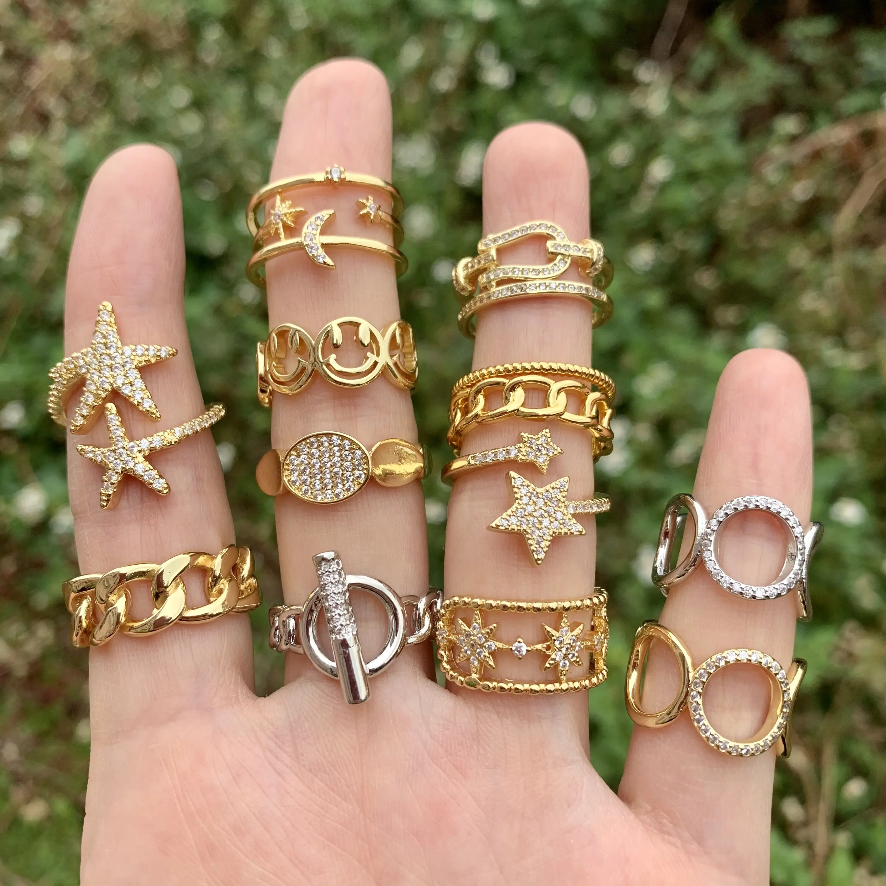 

LS-B1813 Gold plated ring crystal micro pave rings chain star shaped women girls jewelry for gifts