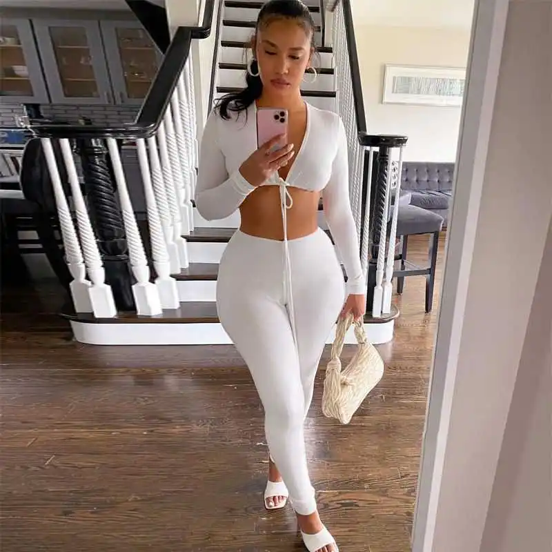 

fall 2021 women clothes new arrivals v-neck drawstring top and pants casual women tracksuits jogging set