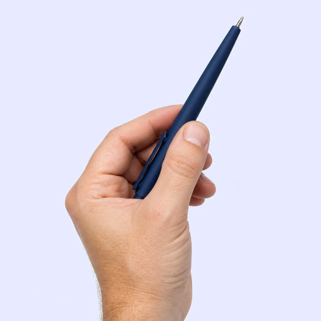 Hand holding a navy blue retractable ballpoint pen