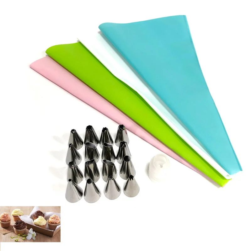 

18 pieces cookie decorating device EVA pastry bag 16 cream decoration tip cake pipes and reusable piping bag set, As picture