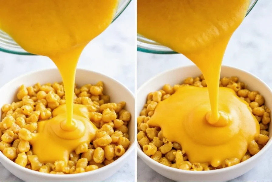 Step-by-step green chili mac and cheese preparation showing cheese sauce being poured over pasta