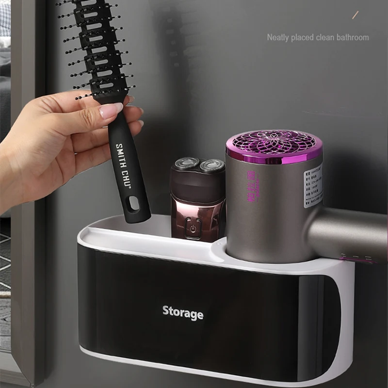 

Plastic Bathroom Storage Hair Dryer Rack Wall Mount Hair Dryers Wall Holder, Black