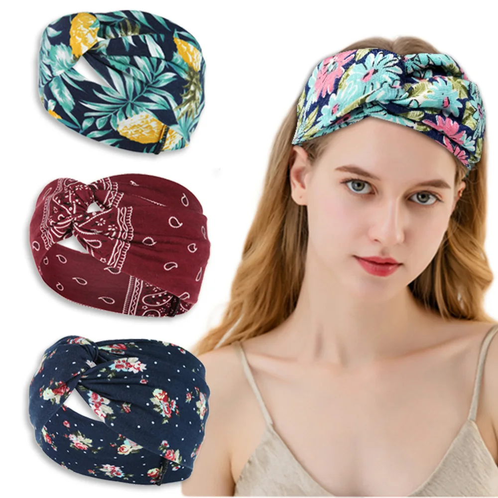 

New wide-edged cross hair band printed knitted hairband sweat absorption headband exercise yoga bohemia headband