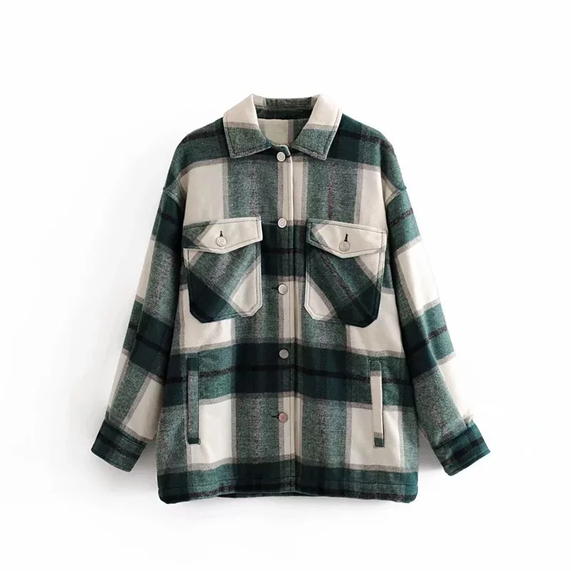 

2022 Autumn Fashion Loose Plaid Shirt Coat Turn-Down Collar Women Jacket Shirt, Picture