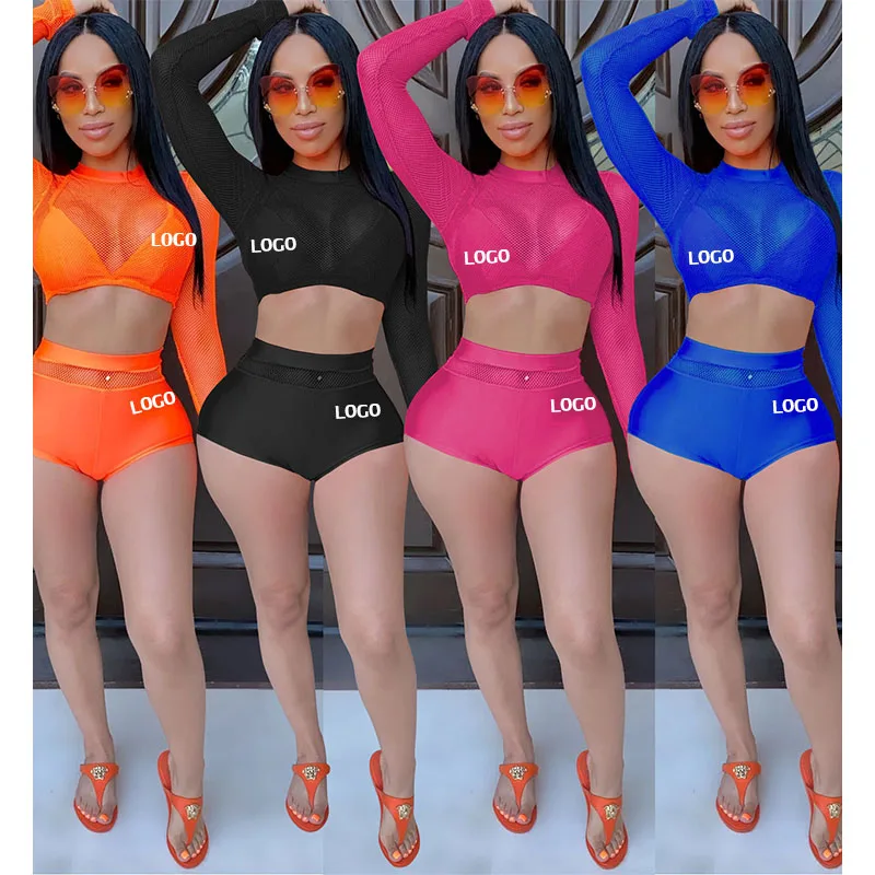

Free Shipping Sexy high-necked two-piece netting shorts casual long sleeve tight women's suit Spring/summer women's suit, Customized color