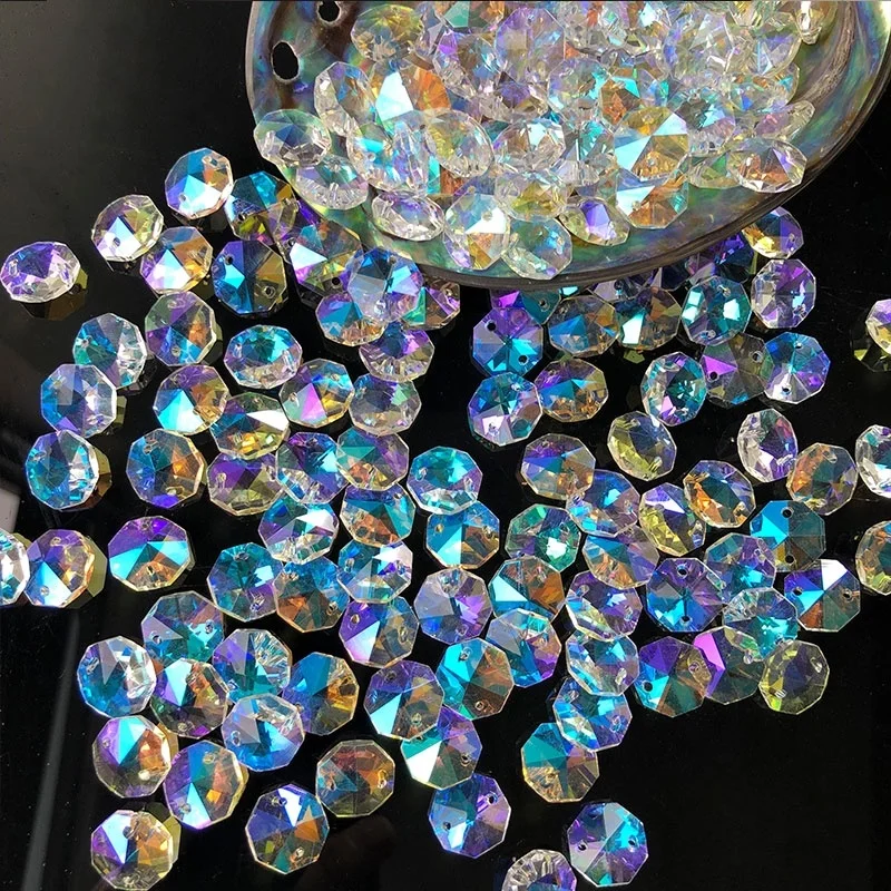 50Pc Crystal AB Glass Lamp Prism Chandelier Chain Part DIY Octagon Bead Ornament 