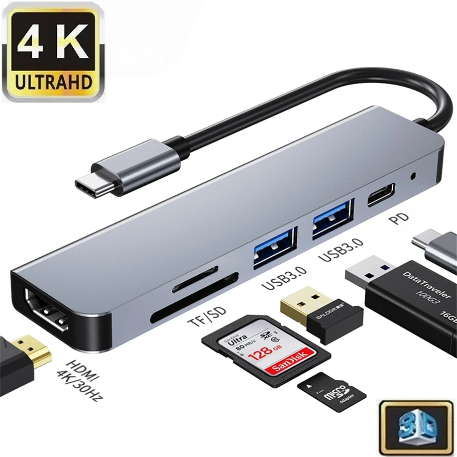 

5 6 in 1 Type C to HDMI USB 3.0 HUB TYPE-C HDTV Adapter Docking Station 4K HDMI TF SD Card Reader 87W PD Charging For PC phone