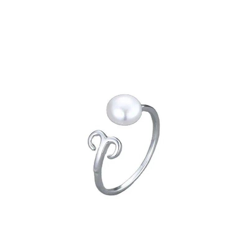 

Birthday Gift Freshwater Pearl S925 Sterling Silver Zodiac Open Ring Adjustable Horoscope Zodiac Natural Pearl Open Rings