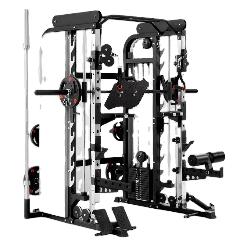 

squat rack in gym equipment for pullups lat pull down machine / gym equipment / strength equipment 3 station smith machine, Black