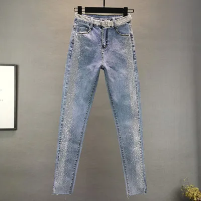 

20% Off Spring Autumn Women's Jeans High-Waist Stretch Jeans Heavy Industry Rhinestone Denim Feet Pants Female Trousers